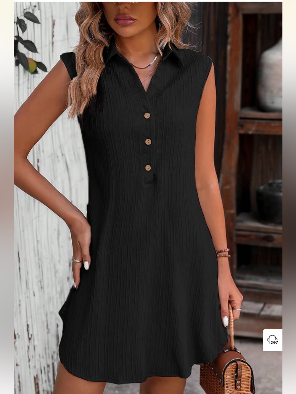 Cupshe Black Sleeveless Collared Button Tunic Dress